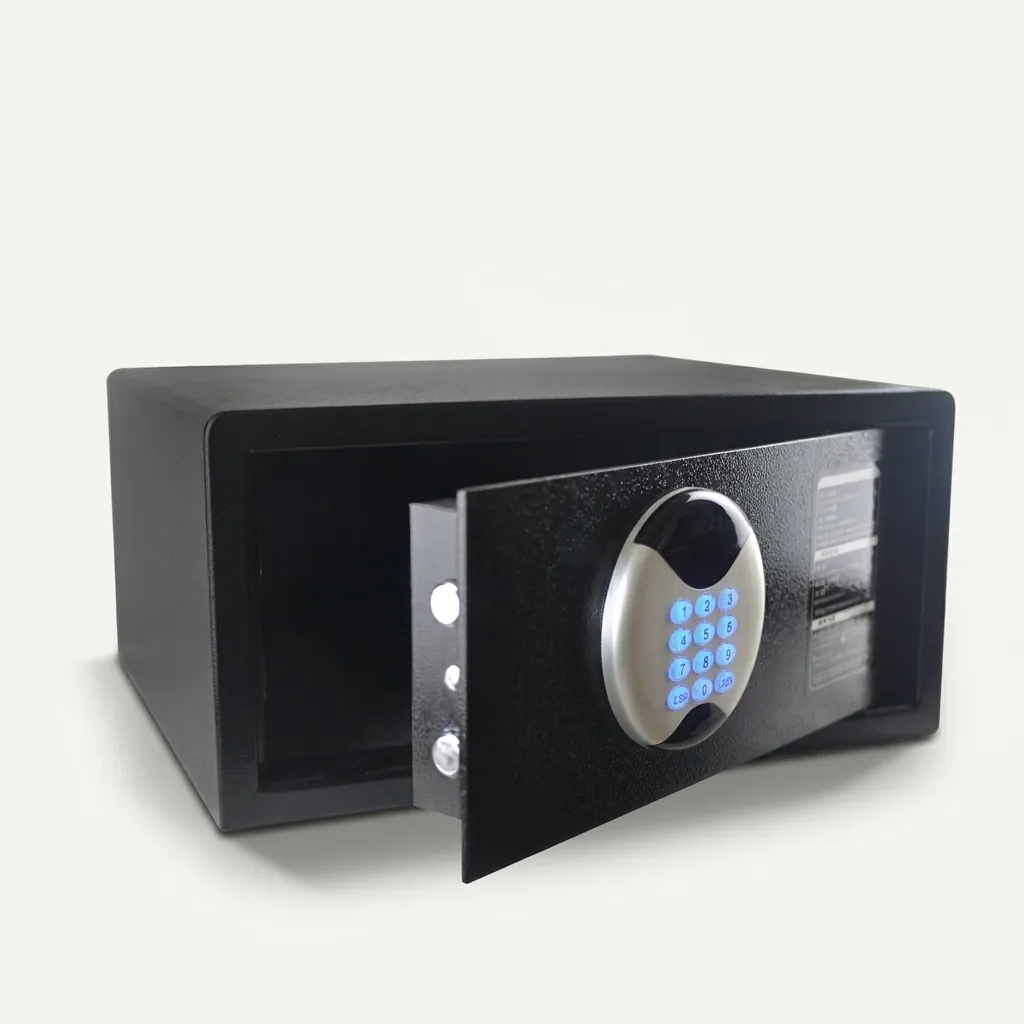 Heavy-Gauge Side-Opening Safe with Sand-Texture Finish [1053] — SFB-1053 — A side-opening hotel safe in arc-welded heavy-gauge steel with an 18mm solid steel bolt and a reinforced 5mm door. A backlit LED keypad takes a 3 to 6 digit guest code with master-code and key override, plus a 5-minute lockout. The door opens automatically on the correct code, powered by 4 AA batteries, in black or orange. (image 7)