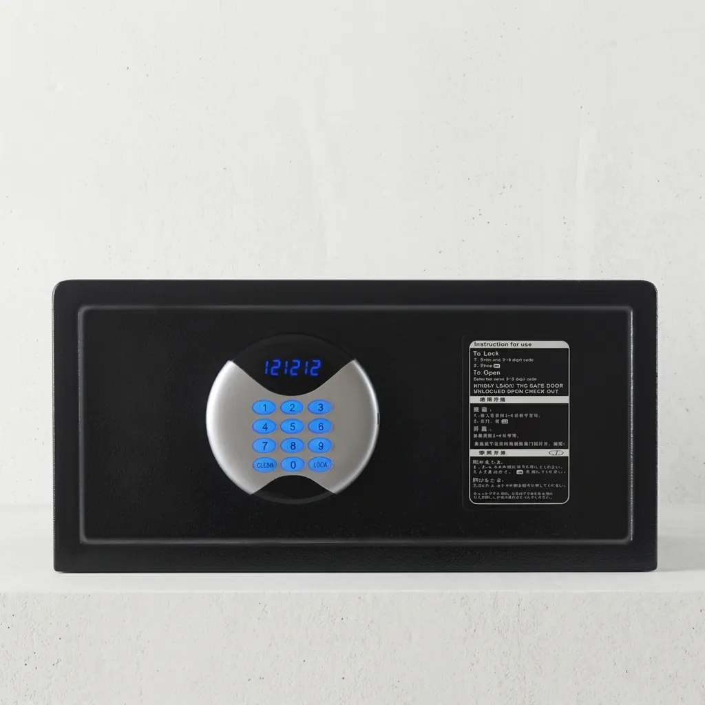 Heavy-Gauge Side-Opening Safe with Sand-Texture Finish [1053] — SFB-1053 — A side-opening hotel safe in arc-welded heavy-gauge steel with an 18mm solid steel bolt and a reinforced 5mm door. A backlit LED keypad takes a 3 to 6 digit guest code with master-code and key override, plus a 5-minute lockout. The door opens automatically on the correct code, powered by 4 AA batteries, in black or orange. (image 8)