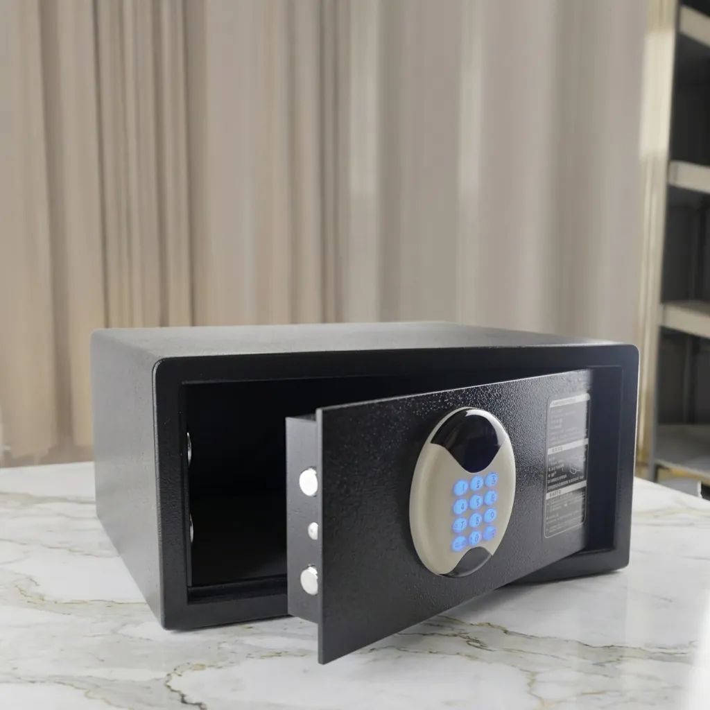 Heavy-Gauge Side-Opening Safe with Sand-Texture Finish [1053] — SFB-1053 — A side-opening hotel safe in arc-welded heavy-gauge steel with an 18mm solid steel bolt and a reinforced 5mm door. A backlit LED keypad takes a 3 to 6 digit guest code with master-code and key override, plus a 5-minute lockout. The door opens automatically on the correct code, powered by 4 AA batteries, in black or orange. (image 9)