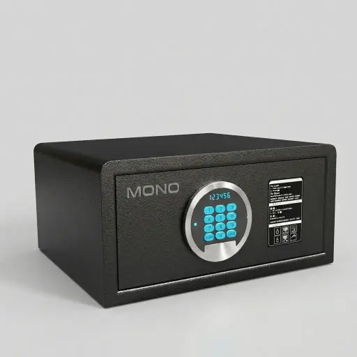 Heavy-Gauge Side-Opening Safe with Sand-Texture Finish [1054] — SFB-1054 — A side-opening hotel safe in arc-welded heavy-gauge steel with an 18mm solid steel bolt for dependable security. A backlit LED keypad takes a 3 to 6 digit guest code with master-code and key override, plus a 5-minute lockout after three wrong tries. Opens automatically on the correct code, with a backup safety key, in black or orange.