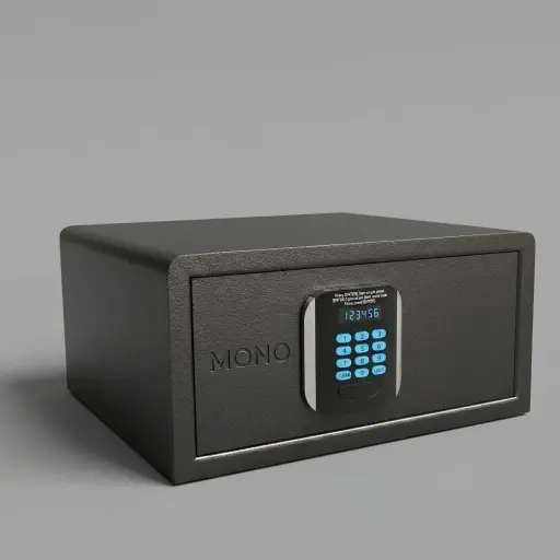 Heavy-Gauge Side-Opening Safe with Sand-Texture Finish [1055] — SFB-1055 — A side-opening hotel safe in arc-welded heavy-gauge steel with an 18mm solid steel bolt and a reinforced 5mm door. A backlit LED keypad takes a 3 to 6 digit guest code with master-code and key override, plus a 5-minute lockout. The door opens automatically on the correct code, with pre-drilled mounting holes, in black or orange.