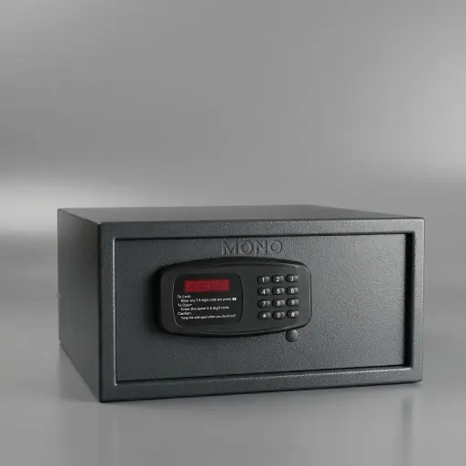 Wall-Mounted Safe Box 17" — SFB-1059 — A 17-inch wall-mounted hotel safe in arc-welded heavy-gauge steel with an 18mm solid steel bolt and a reinforced 5mm door. A backlit LED keypad takes a 3 to 6 digit guest code with master-code and key override, plus a 5-minute lockout. Opens automatically on the correct code, with pre-drilled mounting holes, in black or orange.