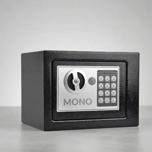 Mini Safe Box — SFB-1063 — A compact mini safe in steel with an orange-peel finish and a fully automatic electronic lock. It opens three ways: a 3 to 6 digit user code, a hotel management code or a mechanical key, with a 15-minute lockout after four wrong tries and an optional password-hiding function. An LCD display and pre-drilled mounting holes round it out, in black, red, green or orange.