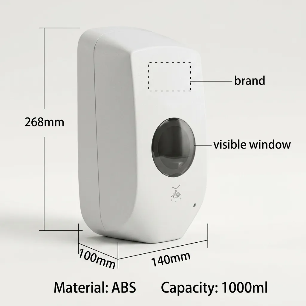 Touchless Automatic Soap Dispenser (1000ml) [1026] — SPD-1026 — A touchless automatic soap dispenser in ABS with a 1000ml reservoir and hands-free infrared sensing for hygienic use. It handles gel, spray or foam at a 1.0ml output, running on 4 Type-C batteries or an optional mains adapter. Measures 140x100x268mm, finished in white. (image 3)