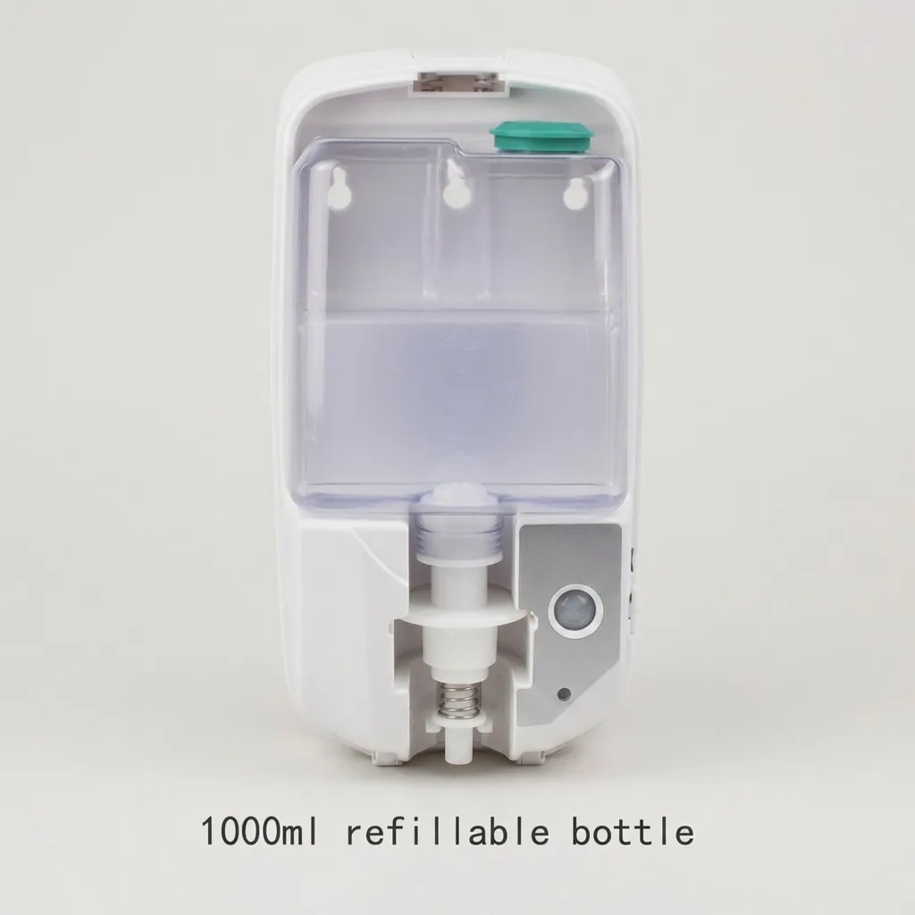 Touchless Automatic Soap Dispenser (1000ml) [1026] — SPD-1026 — A touchless automatic soap dispenser in ABS with a 1000ml reservoir and hands-free infrared sensing for hygienic use. It handles gel, spray or foam at a 1.0ml output, running on 4 Type-C batteries or an optional mains adapter. Measures 140x100x268mm, finished in white. (image 5)