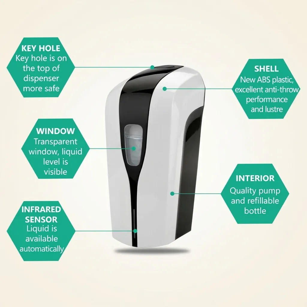 Touchless Automatic Soap Dispenser (1000ml) [1027] — SPD-1027 — A touchless automatic soap dispenser in ABS with a 1000ml reservoir and hands-free infrared sensing for hygienic dispensing. It handles gel, spray or foam at a 1.0ml output, running on 4 Type-C batteries or an optional mains adapter. Measures 123x114x261.5mm, finished in white. (image 10)