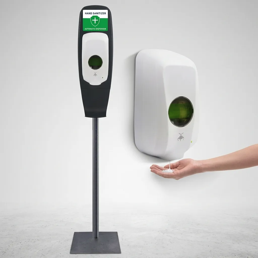Automatic Soap Dispenser Touchless With Stand Manufacturer — SPD-1028 — A touchless automatic soap dispenser in ABS with a 1000ml reservoir, paired with a floor stand for hands-free use in lobbies and washrooms. Infrared sensing dispenses gel, spray or foam at a 1.0ml output, running on 4 Type-C batteries or an optional mains adapter. The dispenser measures 140x100x268mm on a 150cm stand, in black or white. (image 2)