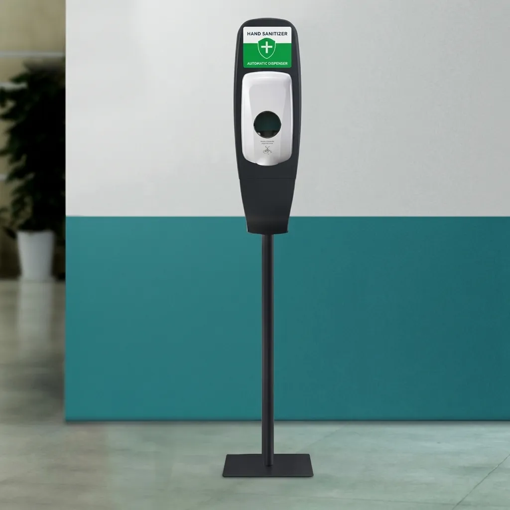 Automatic Soap Dispenser Touchless With Stand Manufacturer — SPD-1028 — A touchless automatic soap dispenser in ABS with a 1000ml reservoir, paired with a floor stand for hands-free use in lobbies and washrooms. Infrared sensing dispenses gel, spray or foam at a 1.0ml output, running on 4 Type-C batteries or an optional mains adapter. The dispenser measures 140x100x268mm on a 150cm stand, in black or white. (image 3)