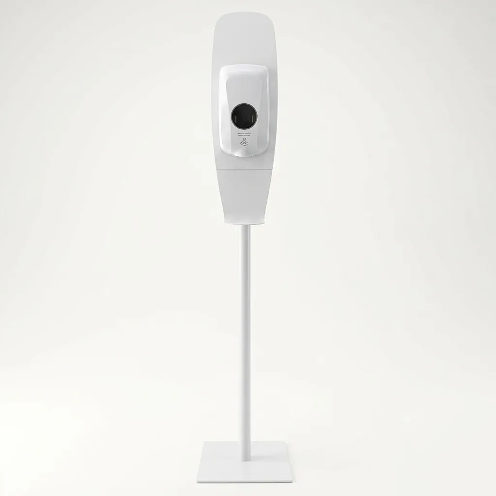 Automatic Soap Dispenser Touchless With Stand Manufacturer — SPD-1028 — A touchless automatic soap dispenser in ABS with a 1000ml reservoir, paired with a floor stand for hands-free use in lobbies and washrooms. Infrared sensing dispenses gel, spray or foam at a 1.0ml output, running on 4 Type-C batteries or an optional mains adapter. The dispenser measures 140x100x268mm on a 150cm stand, in black or white. (image 4)