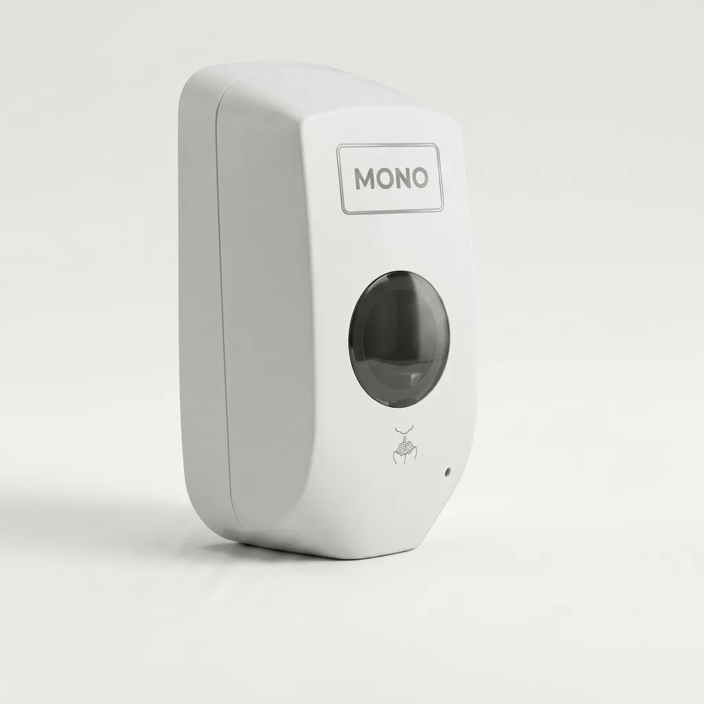 Automatic Soap Dispenser Touchless With Stand Manufacturer — SPD-1028 — A touchless automatic soap dispenser in ABS with a 1000ml reservoir, paired with a floor stand for hands-free use in lobbies and washrooms. Infrared sensing dispenses gel, spray or foam at a 1.0ml output, running on 4 Type-C batteries or an optional mains adapter. The dispenser measures 140x100x268mm on a 150cm stand, in black or white. (image 1)