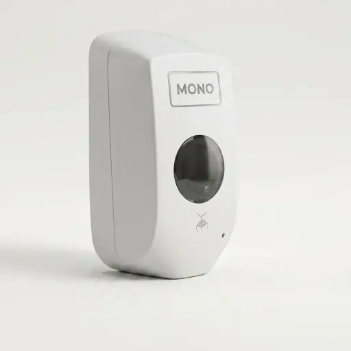 Automatic Soap Dispenser Touchless With Stand Manufacturer — SPD-1028 — A touchless automatic soap dispenser in ABS with a 1000ml reservoir, paired with a floor stand for hands-free use in lobbies and washrooms. Infrared sensing dispenses gel, spray or foam at a 1.0ml output, running on 4 Type-C batteries or an optional mains adapter. The dispenser measures 140x100x268mm on a 150cm stand, in black or white.