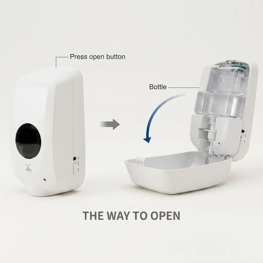 Automatic Soap Dispenser Touchless With Stand Manufacturer — SPD-1028 — A touchless automatic soap dispenser in ABS with a 1000ml reservoir, paired with a floor stand for hands-free use in lobbies and washrooms. Infrared sensing dispenses gel, spray or foam at a 1.0ml output, running on 4 Type-C batteries or an optional mains adapter. The dispenser measures 140x100x268mm on a 150cm stand, in black or white. (image 5)