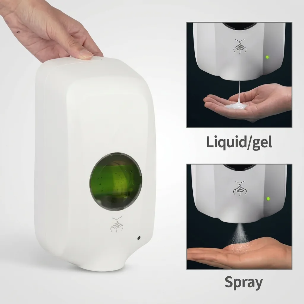 Automatic Soap Dispenser Touchless With Stand Manufacturer — SPD-1028 — A touchless automatic soap dispenser in ABS with a 1000ml reservoir, paired with a floor stand for hands-free use in lobbies and washrooms. Infrared sensing dispenses gel, spray or foam at a 1.0ml output, running on 4 Type-C batteries or an optional mains adapter. The dispenser measures 140x100x268mm on a 150cm stand, in black or white. (image 9)