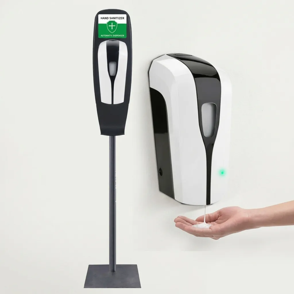 Automatic Soap Dispenser Touchless With Stand — SPD-1029 — A touchless automatic soap dispenser in ABS with a 1000ml reservoir and a freestanding floor stand for high-traffic areas. Infrared sensing dispenses gel, spray or foam at a 1.0ml output, on 4 Type-C batteries or an optional mains adapter. The dispenser measures 123x114x261.5mm on a 150cm stand, in black or white. (image 4)