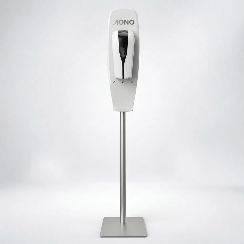 Automatic Soap Dispenser Touchless With Stand — SPD-1029 — A touchless automatic soap dispenser in ABS with a 1000ml reservoir and a freestanding floor stand for high-traffic areas. Infrared sensing dispenses gel, spray or foam at a 1.0ml output, on 4 Type-C batteries or an optional mains adapter. The dispenser measures 123x114x261.5mm on a 150cm stand, in black or white. (image 1)