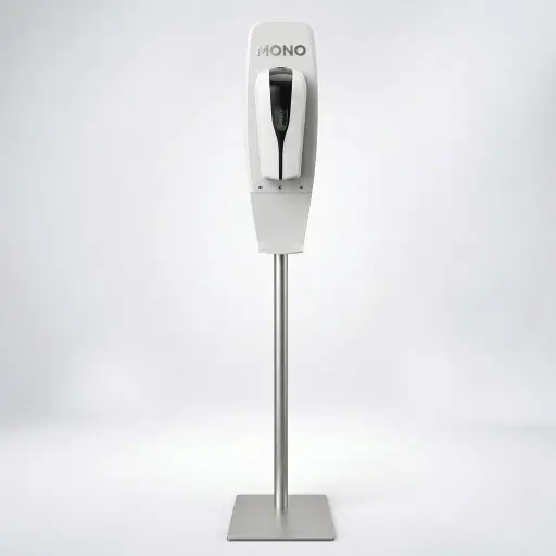 Automatic Soap Dispenser Touchless With Stand — SPD-1029 — A touchless automatic soap dispenser in ABS with a 1000ml reservoir and a freestanding floor stand for high-traffic areas. Infrared sensing dispenses gel, spray or foam at a 1.0ml output, on 4 Type-C batteries or an optional mains adapter. The dispenser measures 123x114x261.5mm on a 150cm stand, in black or white.