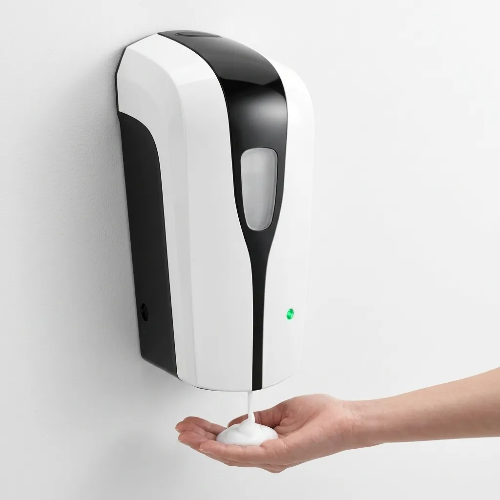 Automatic Soap Dispenser Touchless With Stand — SPD-1029 — A touchless automatic soap dispenser in ABS with a 1000ml reservoir and a freestanding floor stand for high-traffic areas. Infrared sensing dispenses gel, spray or foam at a 1.0ml output, on 4 Type-C batteries or an optional mains adapter. The dispenser measures 123x114x261.5mm on a 150cm stand, in black or white. (image 5)