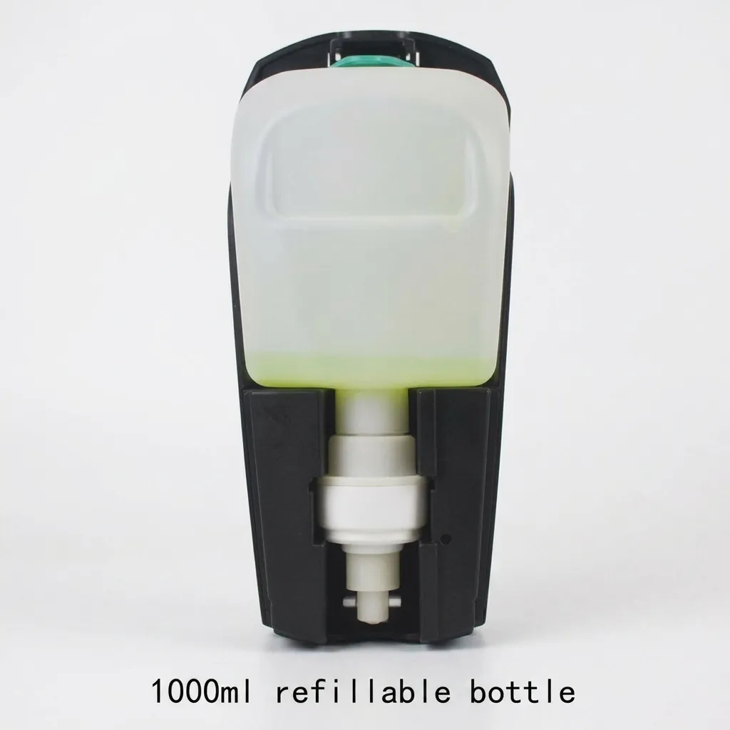 Automatic Soap Dispenser Touchless With Stand — SPD-1029 — A touchless automatic soap dispenser in ABS with a 1000ml reservoir and a freestanding floor stand for high-traffic areas. Infrared sensing dispenses gel, spray or foam at a 1.0ml output, on 4 Type-C batteries or an optional mains adapter. The dispenser measures 123x114x261.5mm on a 150cm stand, in black or white. (image 7)