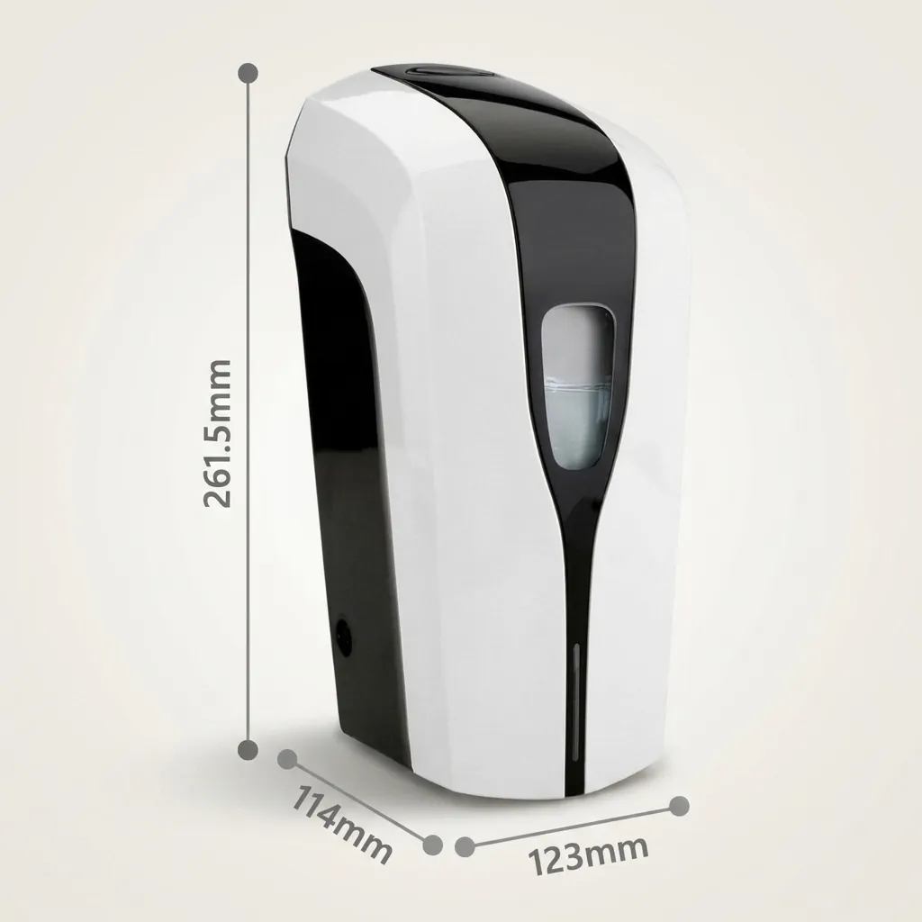Automatic Soap Dispenser Touchless With Stand — SPD-1029 — A touchless automatic soap dispenser in ABS with a 1000ml reservoir and a freestanding floor stand for high-traffic areas. Infrared sensing dispenses gel, spray or foam at a 1.0ml output, on 4 Type-C batteries or an optional mains adapter. The dispenser measures 123x114x261.5mm on a 150cm stand, in black or white. (image 11)