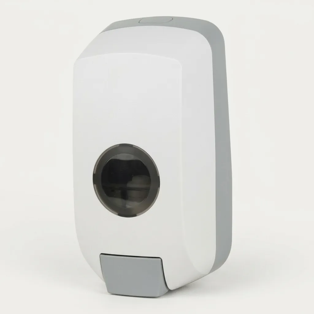 Manual Hand Sanitizer Dispenser — SPD-1030 — A manual hand sanitiser dispenser in ABS with a 1000ml reservoir and a simple push pump for gel at a 1.0ml output. Wall or counter friendly, it suits washrooms and entrances. Measures 135x100x260mm, finished in white. (image 2)