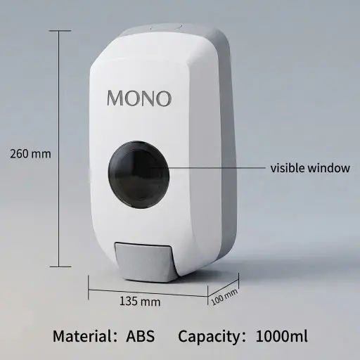 Manual Hand Sanitizer Dispenser — SPD-1030 — A manual hand sanitiser dispenser in ABS with a 1000ml reservoir and a simple push pump for gel at a 1.0ml output. Wall or counter friendly, it suits washrooms and entrances. Measures 135x100x260mm, finished in white.