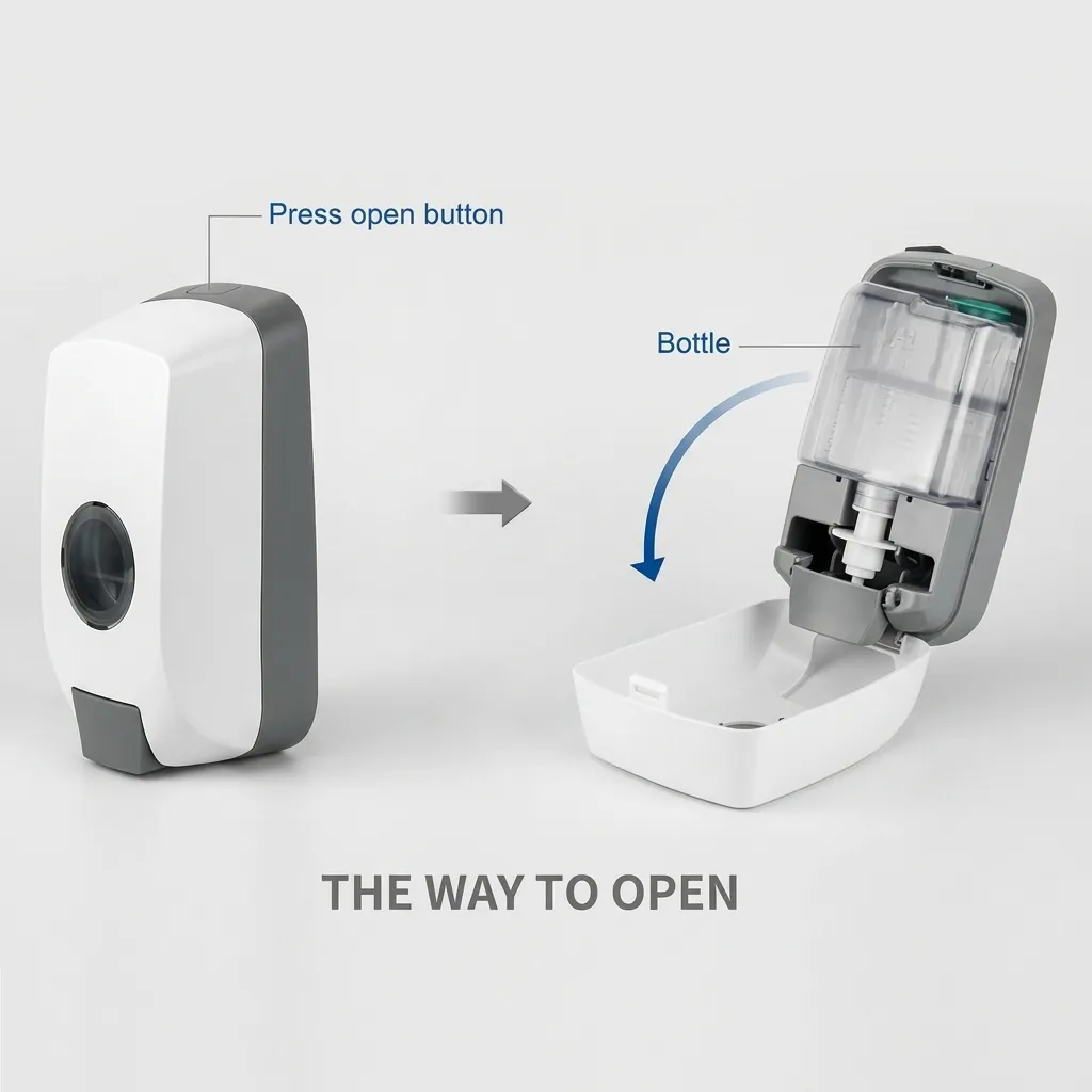 Manual Hand Sanitizer Dispenser — SPD-1030 — A manual hand sanitiser dispenser in ABS with a 1000ml reservoir and a simple push pump for gel at a 1.0ml output. Wall or counter friendly, it suits washrooms and entrances. Measures 135x100x260mm, finished in white. (image 3)