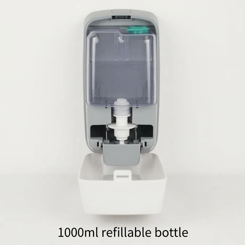Manual Hand Sanitizer Dispenser — SPD-1030 — A manual hand sanitiser dispenser in ABS with a 1000ml reservoir and a simple push pump for gel at a 1.0ml output. Wall or counter friendly, it suits washrooms and entrances. Measures 135x100x260mm, finished in white. (image 4)