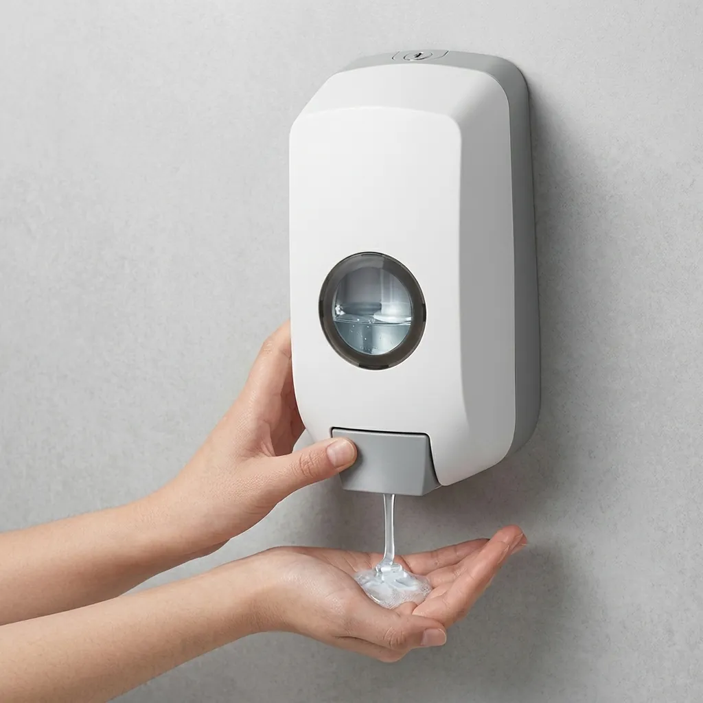 Manual Hand Sanitizer Dispenser — SPD-1030 — A manual hand sanitiser dispenser in ABS with a 1000ml reservoir and a simple push pump for gel at a 1.0ml output. Wall or counter friendly, it suits washrooms and entrances. Measures 135x100x260mm, finished in white. (image 7)