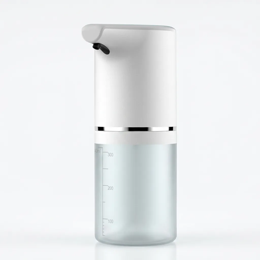 Automatic Table Top Soap Dispenser Touchless — SPD-1032 — A compact touchless tabletop soap dispenser in waterproof ABS with a 350ml reservoir and fast 0.25-second sensing within 5cm. It dispenses foam, spray or gel at a 0.7ml output, powered via a 5V USB input. Lightweight at 0.26kg and measuring 72x89x188mm, finished in white. (image 2)