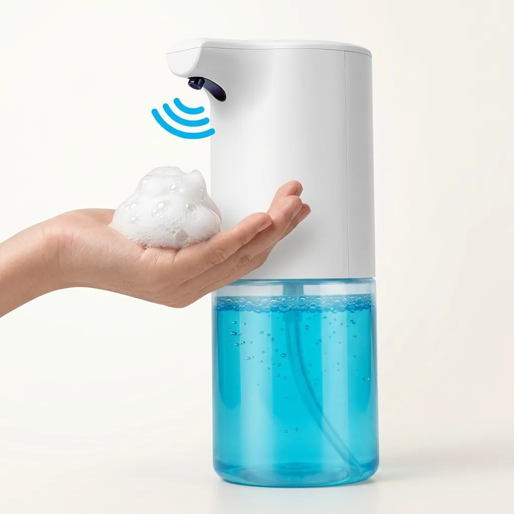 Automatic Table Top Soap Dispenser Touchless — SPD-1032 — A compact touchless tabletop soap dispenser in waterproof ABS with a 350ml reservoir and fast 0.25-second sensing within 5cm. It dispenses foam, spray or gel at a 0.7ml output, powered via a 5V USB input. Lightweight at 0.26kg and measuring 72x89x188mm, finished in white. (image 3)