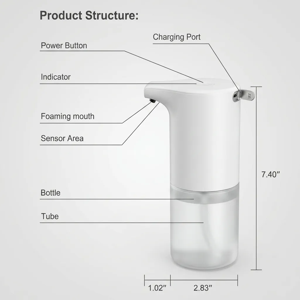Automatic Table Top Soap Dispenser Touchless — SPD-1032 — A compact touchless tabletop soap dispenser in waterproof ABS with a 350ml reservoir and fast 0.25-second sensing within 5cm. It dispenses foam, spray or gel at a 0.7ml output, powered via a 5V USB input. Lightweight at 0.26kg and measuring 72x89x188mm, finished in white. (image 4)