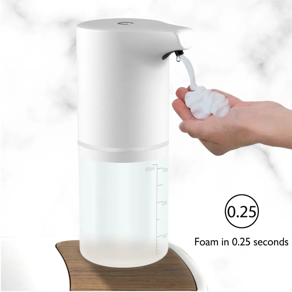 Automatic Table Top Soap Dispenser Touchless — SPD-1032 — A compact touchless tabletop soap dispenser in waterproof ABS with a 350ml reservoir and fast 0.25-second sensing within 5cm. It dispenses foam, spray or gel at a 0.7ml output, powered via a 5V USB input. Lightweight at 0.26kg and measuring 72x89x188mm, finished in white. (image 5)