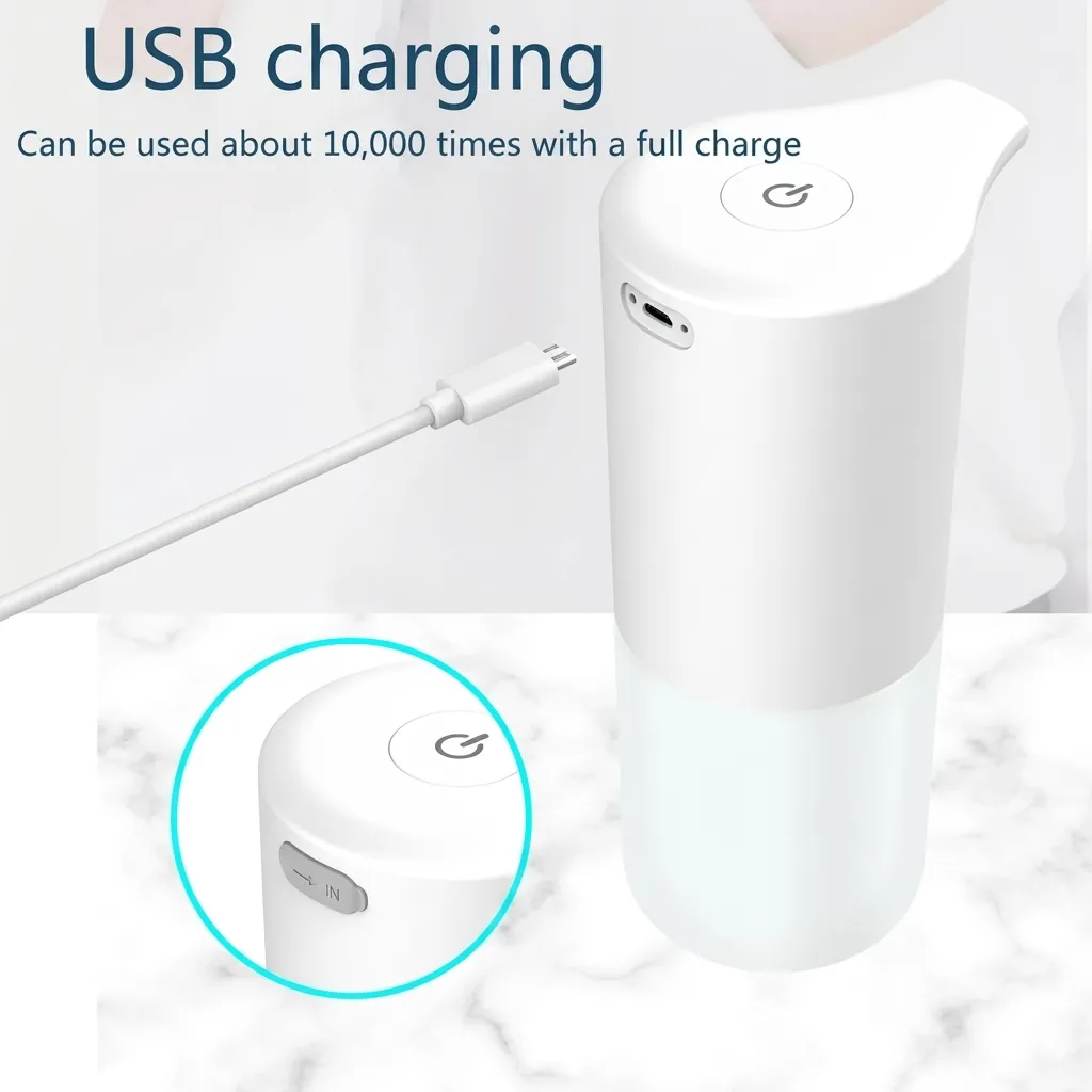 Automatic Table Top Soap Dispenser Touchless — SPD-1032 — A compact touchless tabletop soap dispenser in waterproof ABS with a 350ml reservoir and fast 0.25-second sensing within 5cm. It dispenses foam, spray or gel at a 0.7ml output, powered via a 5V USB input. Lightweight at 0.26kg and measuring 72x89x188mm, finished in white. (image 7)