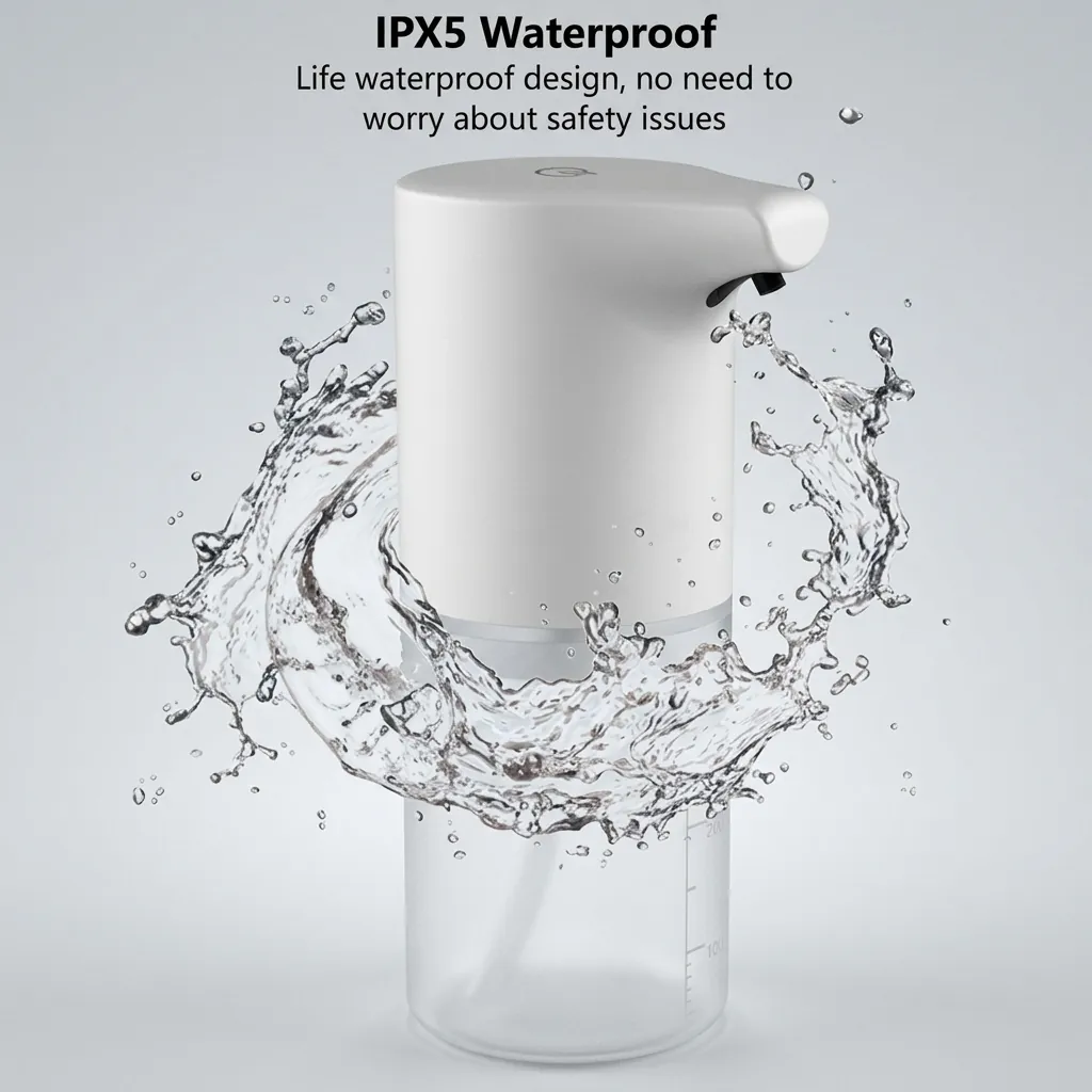 Automatic Table Top Soap Dispenser Touchless — SPD-1032 — A compact touchless tabletop soap dispenser in waterproof ABS with a 350ml reservoir and fast 0.25-second sensing within 5cm. It dispenses foam, spray or gel at a 0.7ml output, powered via a 5V USB input. Lightweight at 0.26kg and measuring 72x89x188mm, finished in white. (image 9)