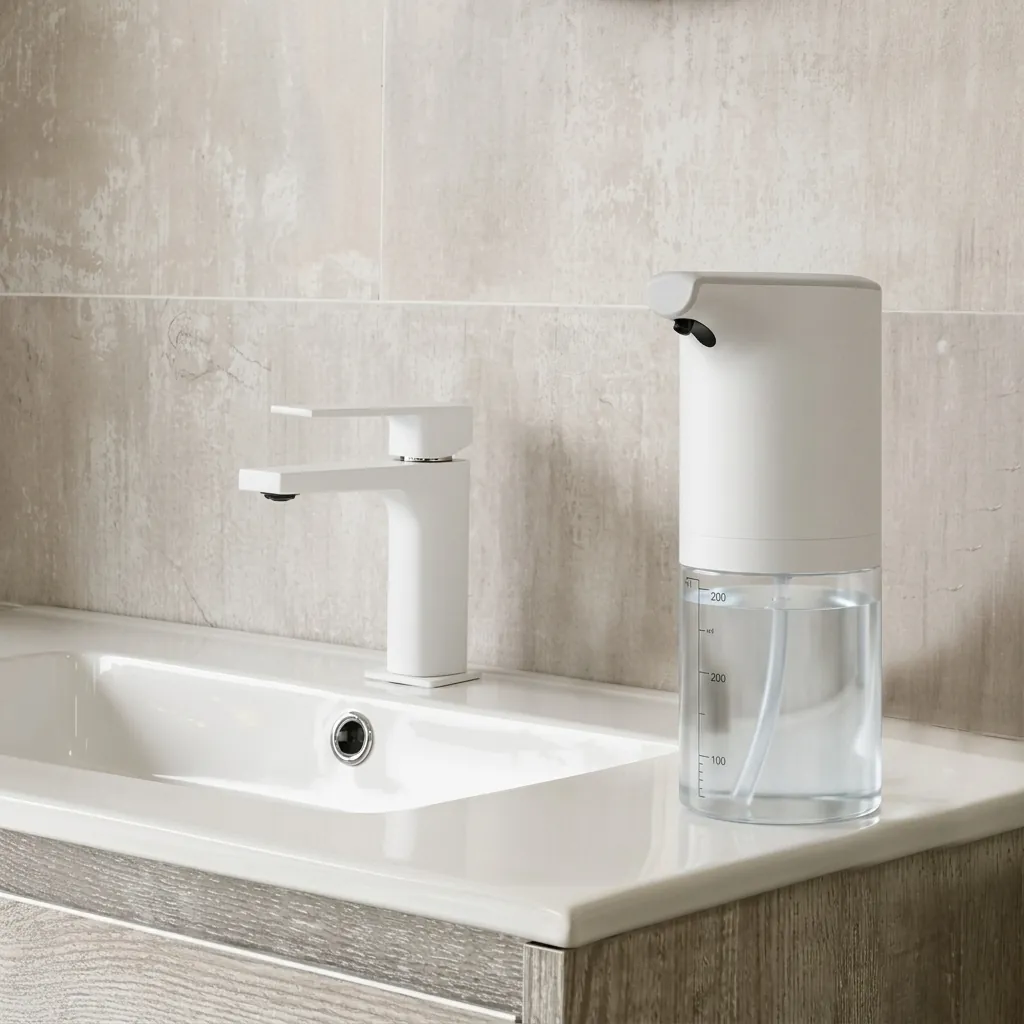 Automatic Table Top Soap Dispenser Touchless — SPD-1032 — A compact touchless tabletop soap dispenser in waterproof ABS with a 350ml reservoir and fast 0.25-second sensing within 5cm. It dispenses foam, spray or gel at a 0.7ml output, powered via a 5V USB input. Lightweight at 0.26kg and measuring 72x89x188mm, finished in white. (image 13)