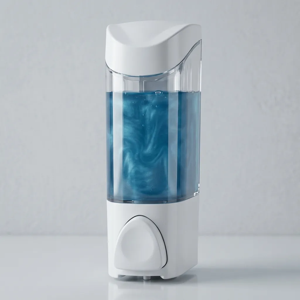 Manual Liquid Soap Dispenser Wall Mounted — SPD-1033 — A wall-mounted manual soap dispenser in PC and ABS with a 300ml reservoir for liquid soap, shampoo or cream. The push pump dispenses cleanly in showers and bathrooms. Measures 65x82x160mm, in white or cream. (image 2)