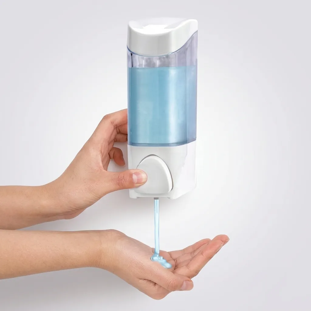 Manual Liquid Soap Dispenser Wall Mounted — SPD-1033 — A wall-mounted manual soap dispenser in PC and ABS with a 300ml reservoir for liquid soap, shampoo or cream. The push pump dispenses cleanly in showers and bathrooms. Measures 65x82x160mm, in white or cream. (image 4)