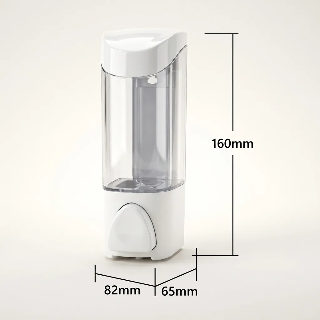 Manual Liquid Soap Dispenser Wall Mounted — SPD-1033 — A wall-mounted manual soap dispenser in PC and ABS with a 300ml reservoir for liquid soap, shampoo or cream. The push pump dispenses cleanly in showers and bathrooms. Measures 65x82x160mm, in white or cream. (image 5)