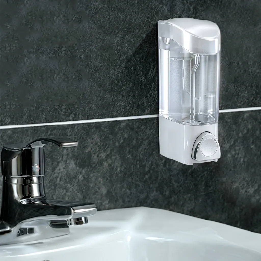 Manual Liquid Soap Dispenser Wall Mounted — SPD-1033 — A wall-mounted manual soap dispenser in PC and ABS with a 300ml reservoir for liquid soap, shampoo or cream. The push pump dispenses cleanly in showers and bathrooms. Measures 65x82x160mm, in white or cream. (image 6)