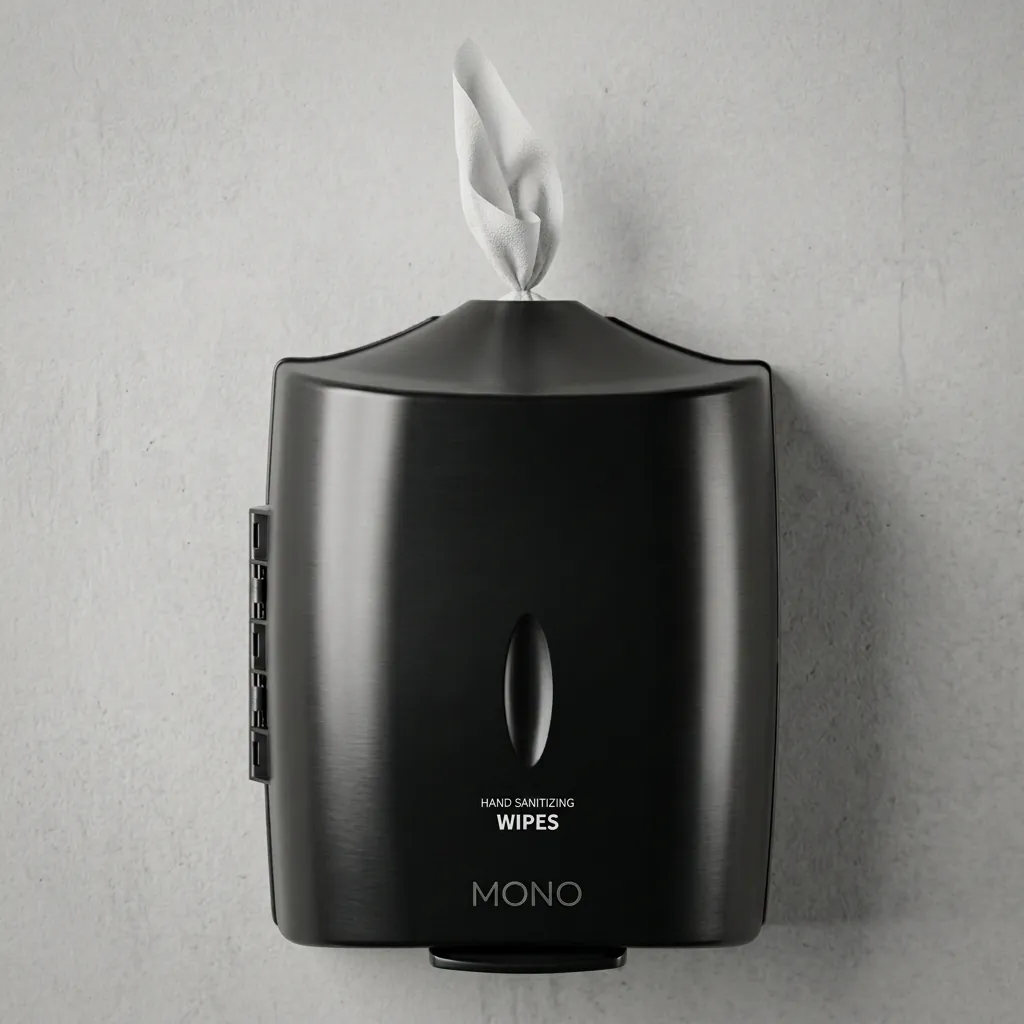 Wet Wipes Dispenser Wall Mounted Silicone Nozzle — SPD-1034 — A wall-mounted wet wipes dispenser in ABS with a silicone nozzle that dispenses sheets one at a time and keeps them moist. It fits standard 22cm-diameter wipe rolls for washrooms and service areas. Measures 32.4x26.6x23.7cm, finished in black. (image 1)