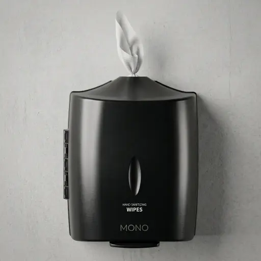 Wet Wipes Dispenser Wall Mounted Silicone Nozzle — SPD-1034 — A wall-mounted wet wipes dispenser in ABS with a silicone nozzle that dispenses sheets one at a time and keeps them moist. It fits standard 22cm-diameter wipe rolls for washrooms and service areas. Measures 32.4x26.6x23.7cm, finished in black.