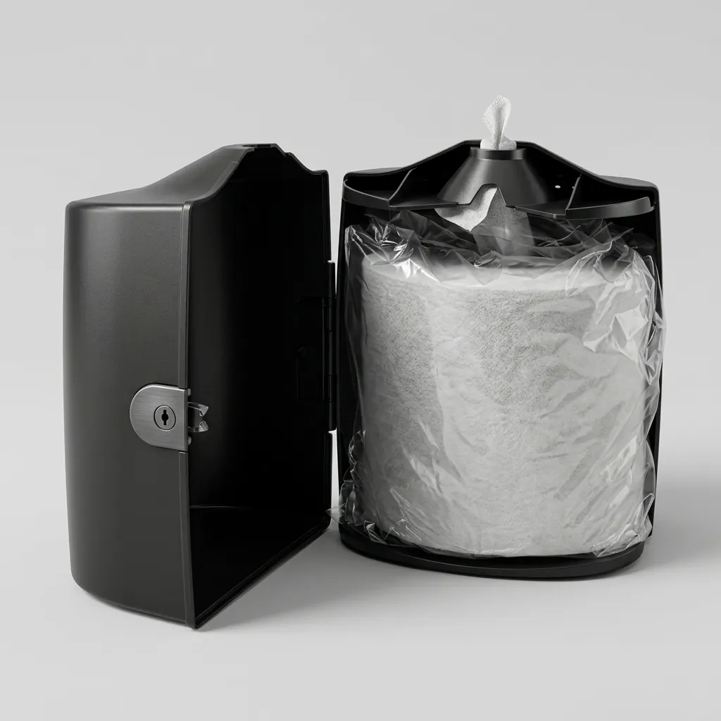 Wet Wipes Dispenser Wall Mounted Silicone Nozzle — SPD-1034 — A wall-mounted wet wipes dispenser in ABS with a silicone nozzle that dispenses sheets one at a time and keeps them moist. It fits standard 22cm-diameter wipe rolls for washrooms and service areas. Measures 32.4x26.6x23.7cm, finished in black. (image 2)