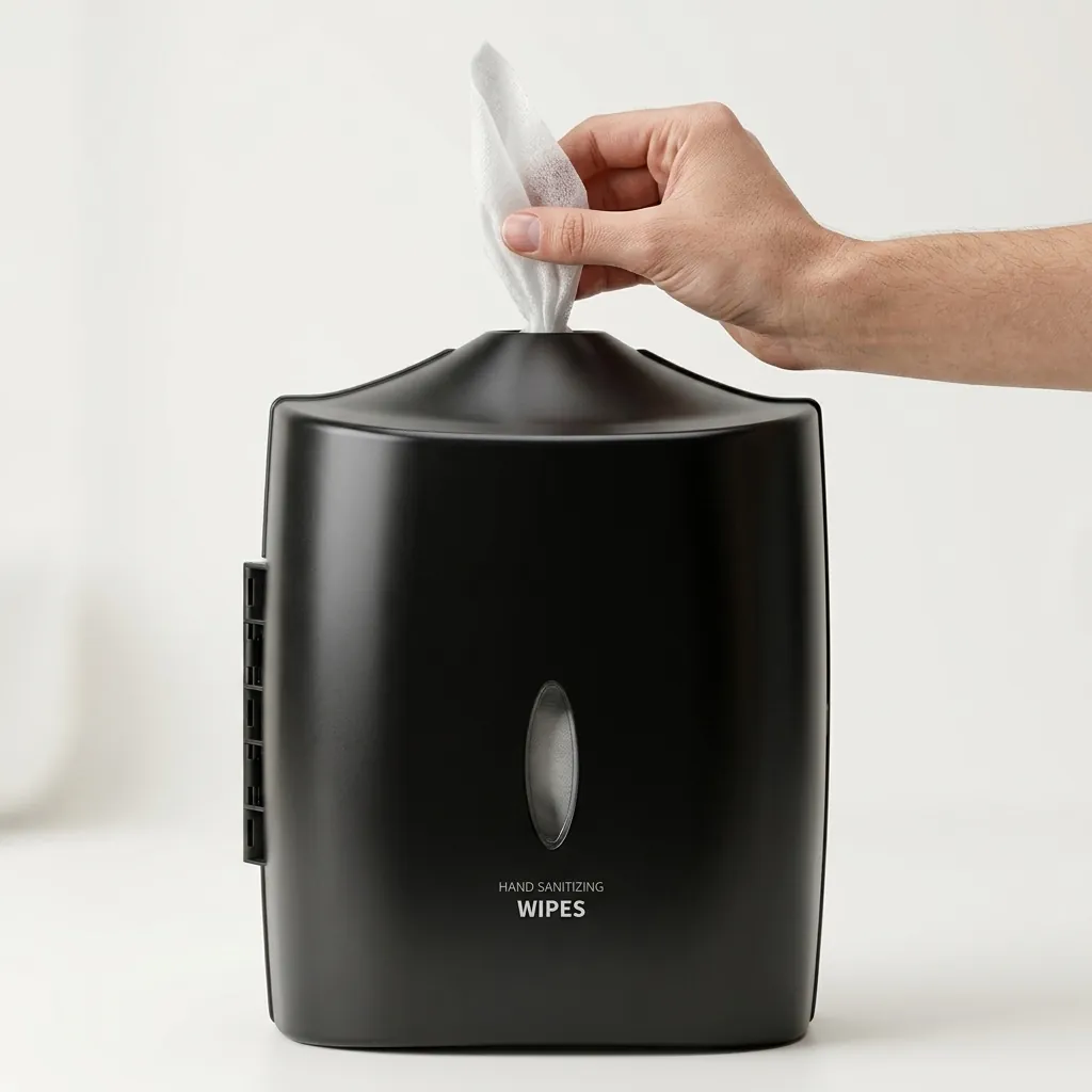 Wet Wipes Dispenser Wall Mounted Silicone Nozzle — SPD-1034 — A wall-mounted wet wipes dispenser in ABS with a silicone nozzle that dispenses sheets one at a time and keeps them moist. It fits standard 22cm-diameter wipe rolls for washrooms and service areas. Measures 32.4x26.6x23.7cm, finished in black. (image 3)