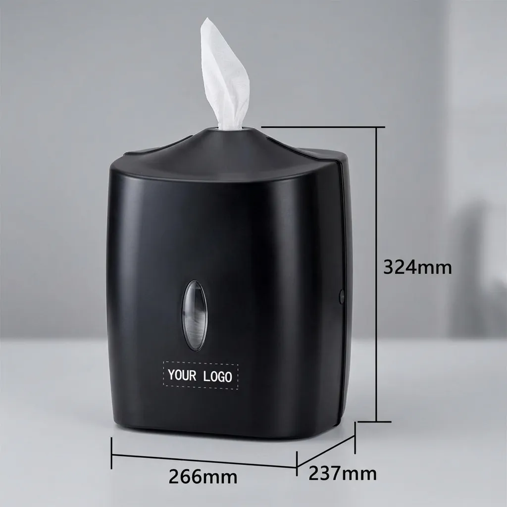 Wet Wipes Dispenser Wall Mounted Silicone Nozzle — SPD-1034 — A wall-mounted wet wipes dispenser in ABS with a silicone nozzle that dispenses sheets one at a time and keeps them moist. It fits standard 22cm-diameter wipe rolls for washrooms and service areas. Measures 32.4x26.6x23.7cm, finished in black. (image 4)
