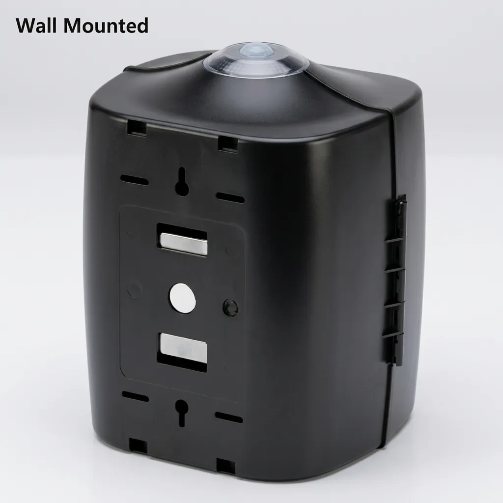 Wet Wipes Dispenser Wall Mounted Silicone Nozzle — SPD-1034 — A wall-mounted wet wipes dispenser in ABS with a silicone nozzle that dispenses sheets one at a time and keeps them moist. It fits standard 22cm-diameter wipe rolls for washrooms and service areas. Measures 32.4x26.6x23.7cm, finished in black. (image 6)