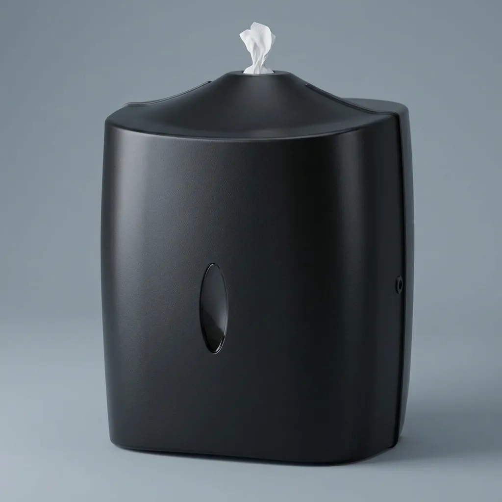 Wet Wipes Dispenser Wall Mounted Silicone Nozzle — SPD-1034 — A wall-mounted wet wipes dispenser in ABS with a silicone nozzle that dispenses sheets one at a time and keeps them moist. It fits standard 22cm-diameter wipe rolls for washrooms and service areas. Measures 32.4x26.6x23.7cm, finished in black. (image 7)