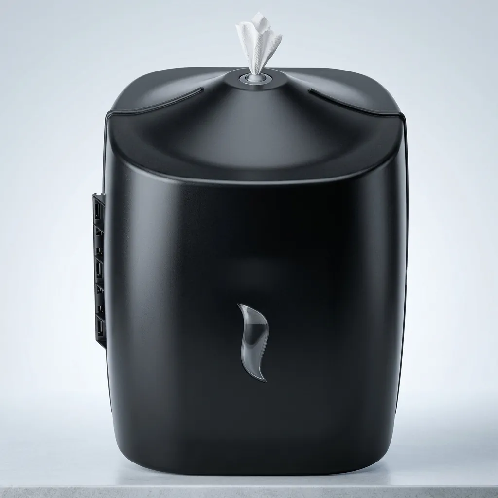 Wet Wipes Dispenser Wall Mounted Silicone Nozzle — SPD-1034 — A wall-mounted wet wipes dispenser in ABS with a silicone nozzle that dispenses sheets one at a time and keeps them moist. It fits standard 22cm-diameter wipe rolls for washrooms and service areas. Measures 32.4x26.6x23.7cm, finished in black. (image 9)