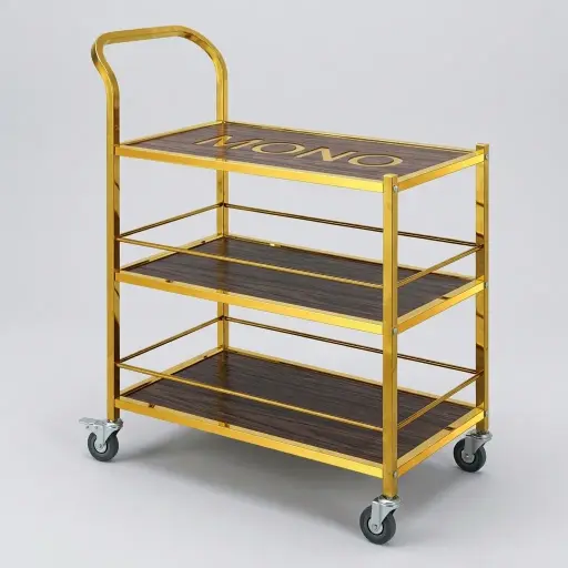 Stainless Steel 3-Tier Service Trolley [1026] — SVT-1026 — A three-tier service trolley with a sturdy stainless steel frame and spacious shelves for room and dining service. Four 360-degree wheels, two lockable, keep it easy to move and stable. Measures 750x550x880mm, finished in gold.