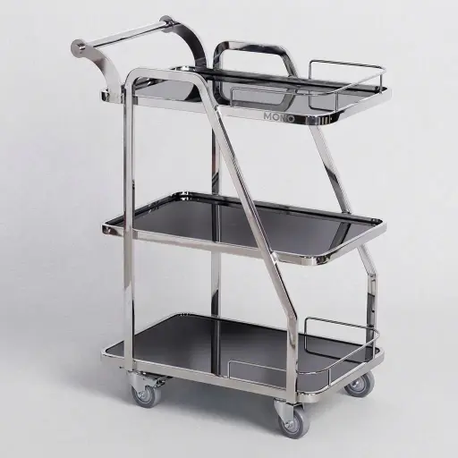 Stainless Steel Tempered Glass 3-Tier Service Trolley [1028] — SVT-1028 — A three-tier service trolley with a stainless steel frame and spacious tempered glass shelves for elegant service. Four 360-degree wheels, two lockable, allow smooth movement and secure parking. A compact 600x450x850mm size, in black or silver.