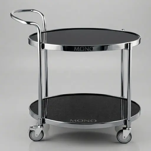 Tempered Glass Two-Layer Oval Service Trolley [1029] — SVT-1029 — A two-tier oval service trolley with a stainless steel frame and tempered glass shelves for a refined presentation. Four 360-degree wheels, two lockable, make it easy to move and park. Measures 940x480x960mm, in black or silver.